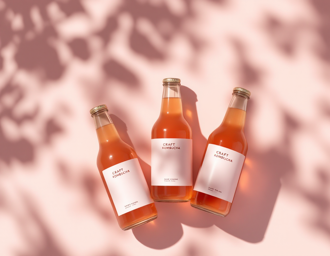 Craft beverage bottles with clean printed labels in soft daylight